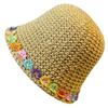 Girls Teens Crochet Bucket Hat with Flower Decals Woman Straw Weaving Floppy Hat Teens Summer Spring Camping Sun Hat