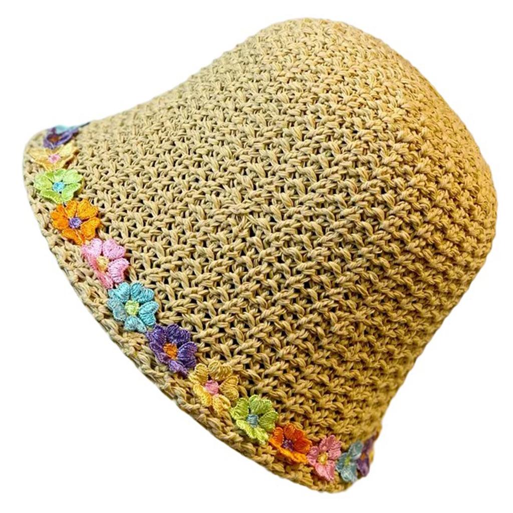 Girls Teens Crochet Bucket Hat with Flower Decals Woman Straw Weaving Floppy Hat Teens Summer Spring Camping Sun Hat