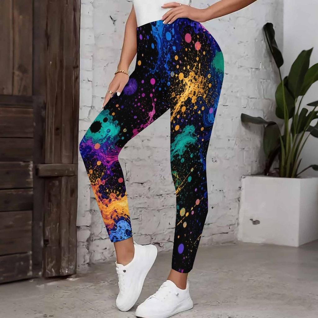 Women Plus Size High Waist Colorful Print Full Length Yoga Leggings