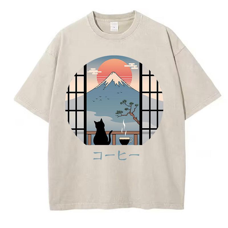T Shirt Vintage Washed 100% Cotton T-Shirt Japanese Style with Mountain Cat Graphic Tee Casual Streetwear Spring Summer Fall