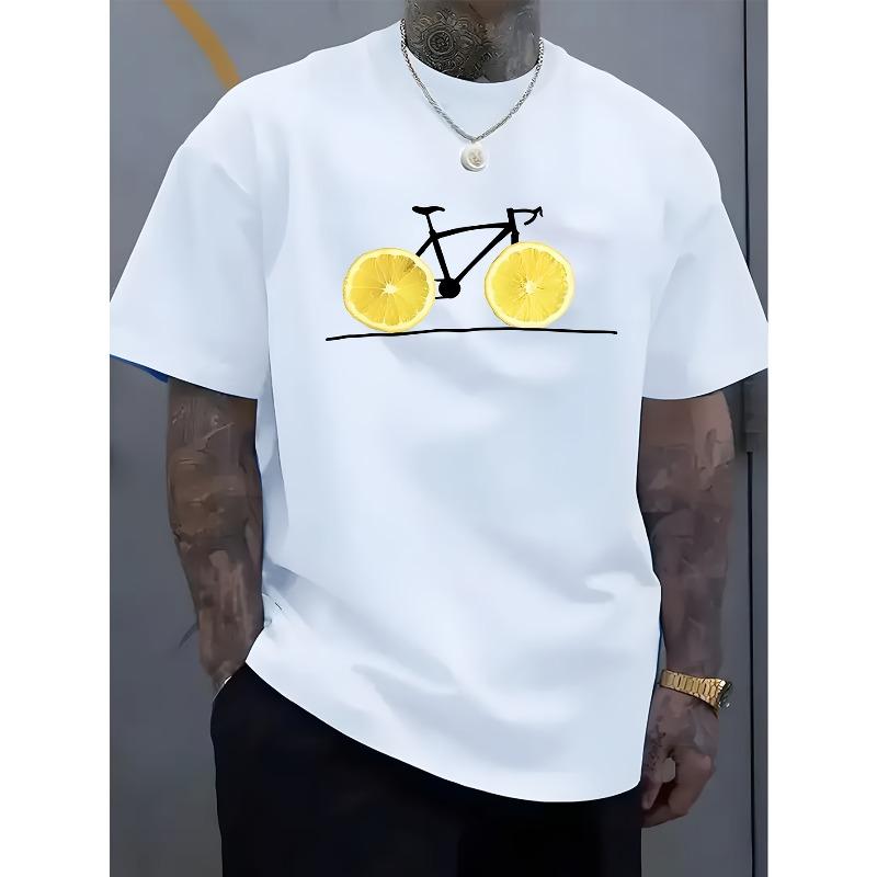 European Size Men'S Casual Lemon Slice T-Shirt, Breathable Short Sleeve Round Neck, Summer Tee with Lemon Bicycle Print, Suitable for Enthusiasts