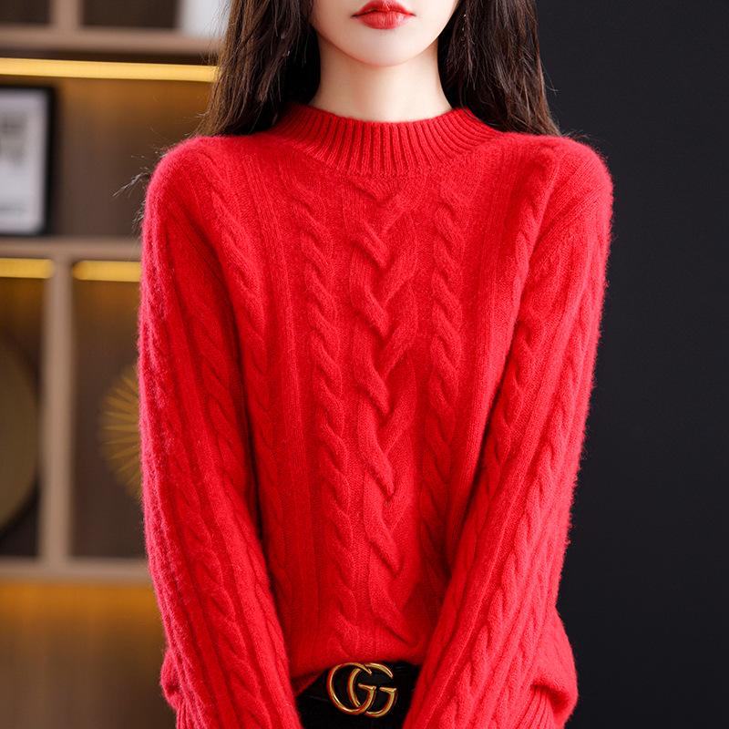 Damenpullover aus reiner Wolle mit halbem Rollkragen: Trendige, vielseitige Strickwaren. Medium leuchtend rote
