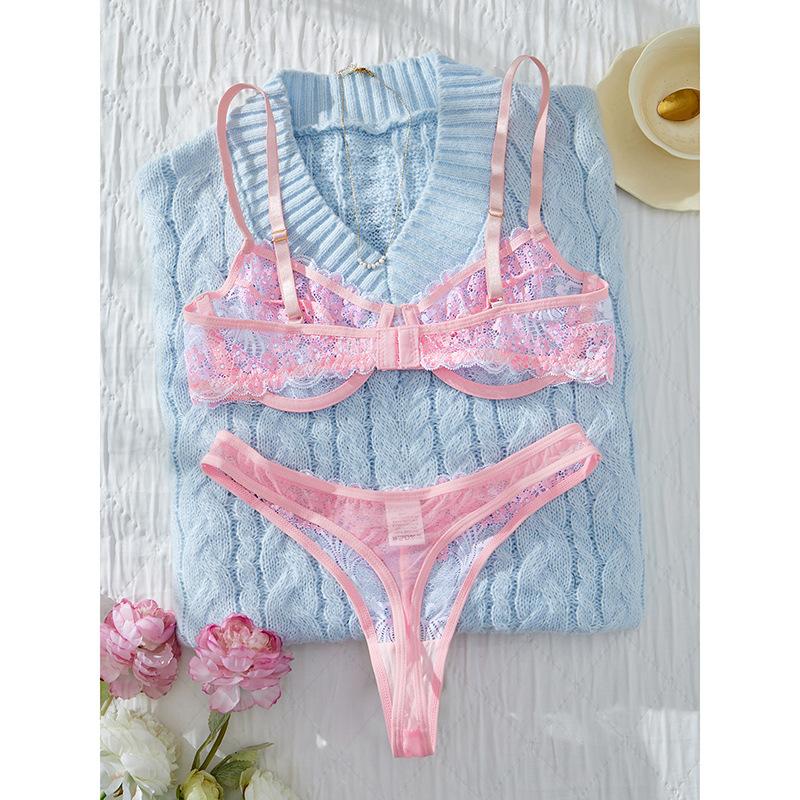 

Sweet Pink Embroidered Sexy Bra Set Ultra-thin Underwear Big Breasts Show Small Pure Desire Perspective Lace Comfortable Underwear XL