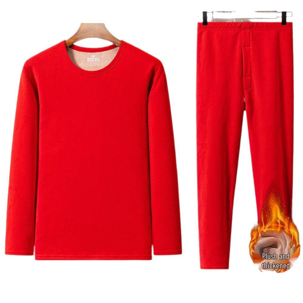 Men's Winter Warm Fleece-Lined Camel Wool Underwear Set - Crew Neck, Quick Heating, for Middle-Aged and Elderly