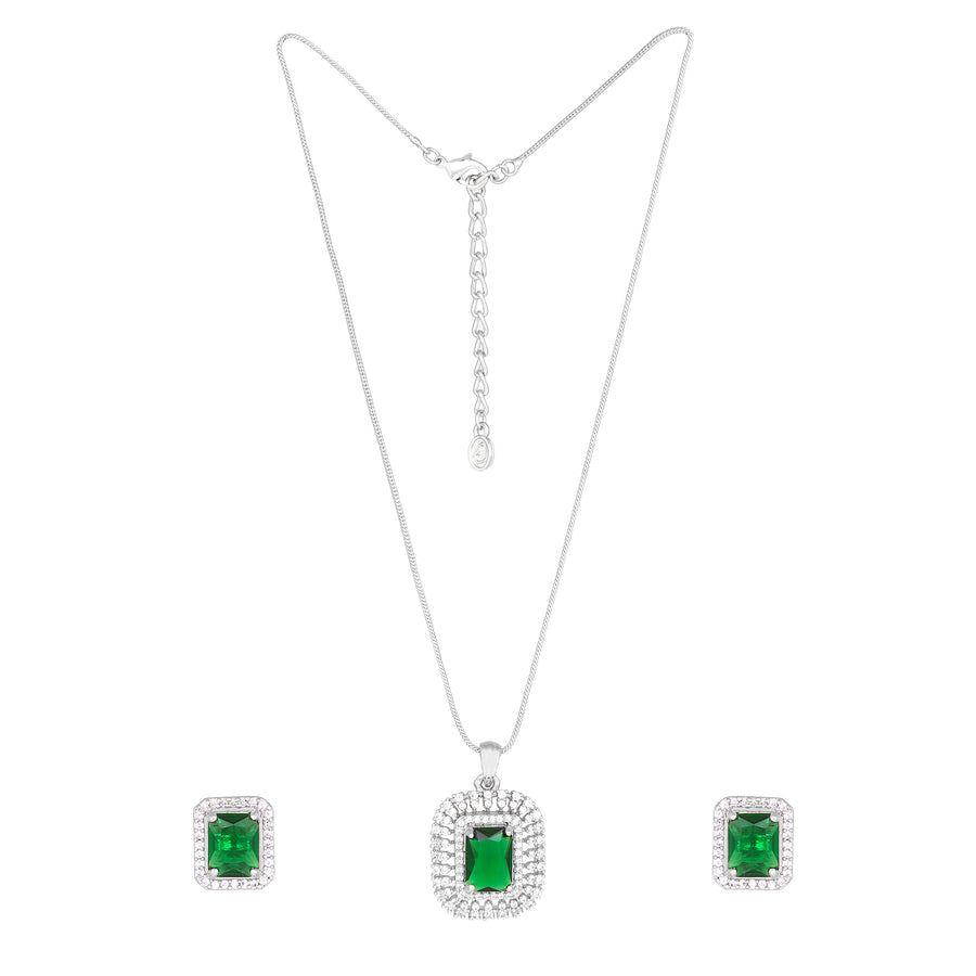 Estele Designer Square Pendant Set with Rhodium Plated CZ and Emerald Stone for Women