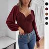 2024 New French Twist Ladies V-Neck Long Sleeve Bodysuit Tight Corset Style Bodysuit Women