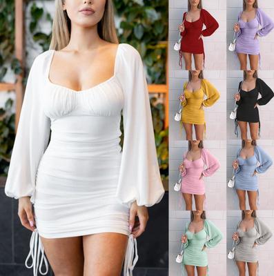 Women's Ribbed Knit Sexy Slim Drawstring Pleated Hip Cover Long Sleeve Dress