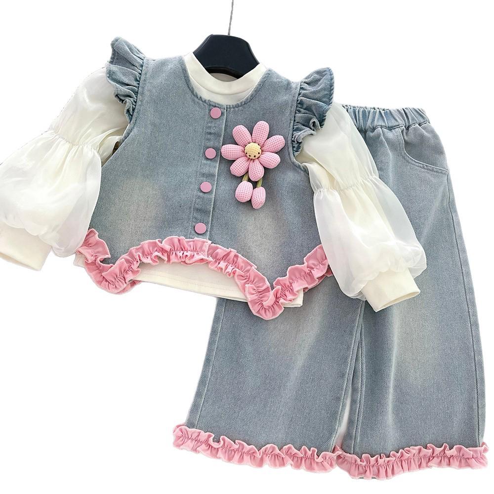 Girls' 2025 Autumn Denim Three-Piece Set: Fashionable Top, Elastic Base Layer & Wide-Leg Pants