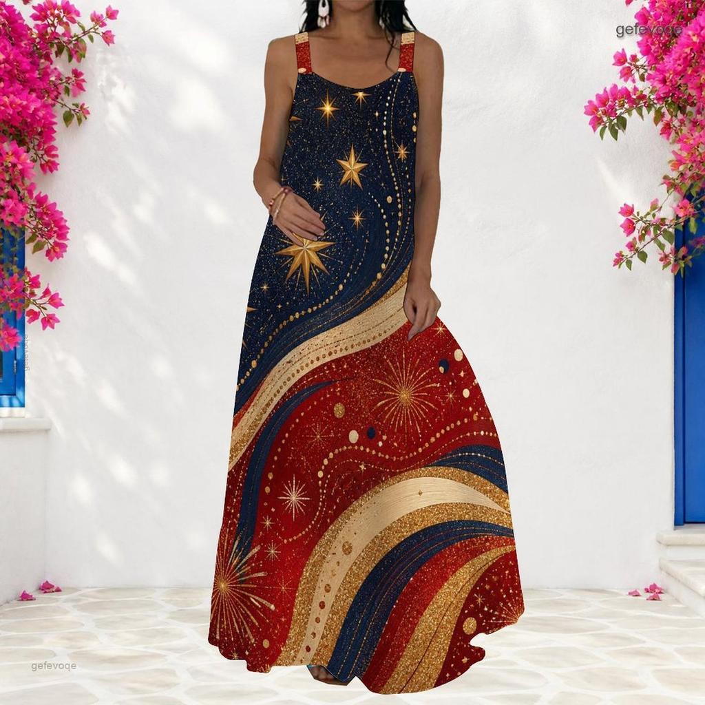Women Plus Size Scoop Neck Strappy Sleeveless A Line White Red Printed Maxi Dress