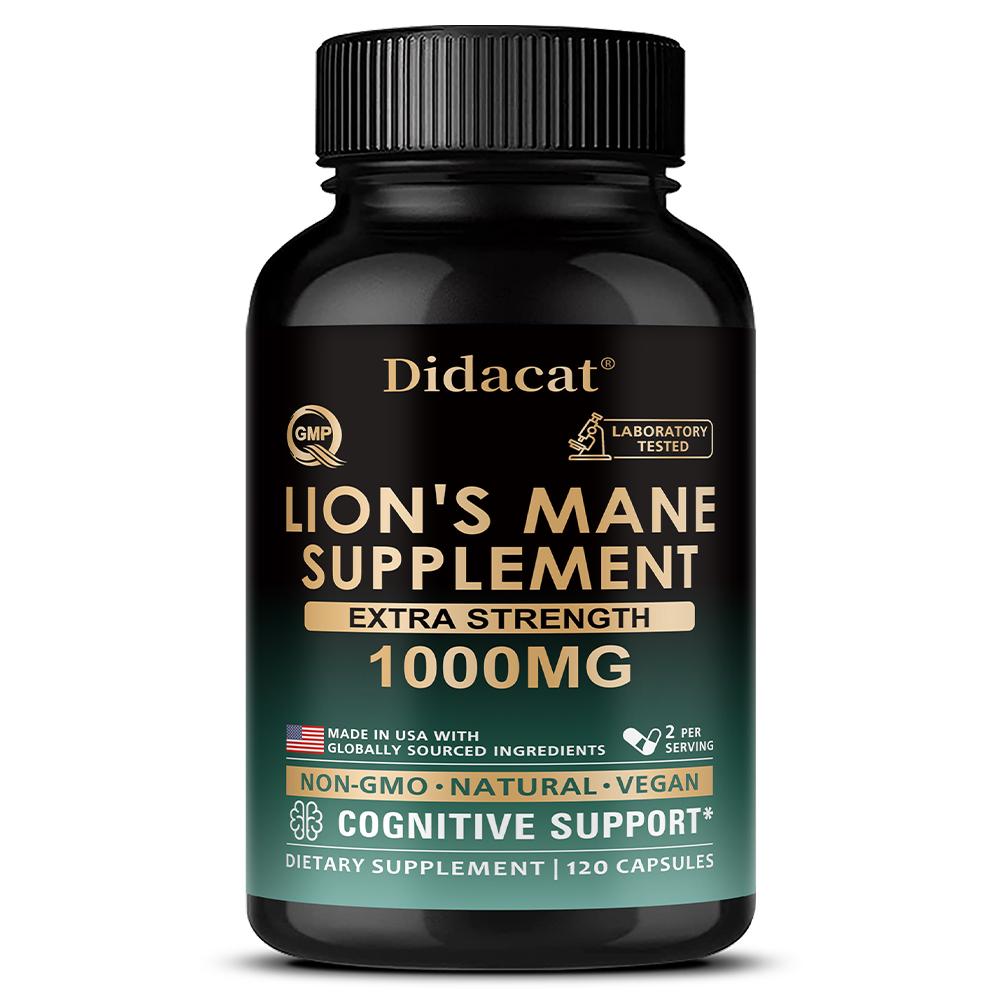 Didacat Lion s Mane Supplement 1000MG, Extra Strength 120 Capsules Mushroom Supplement for Cognitive Support 120PCS
