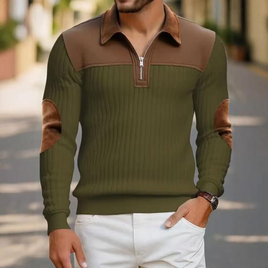 Herr Quarter Zip Tröja Långärmad Nedvikbar Krage Pullover Färgblock Jacquard Sweatshirt med Armbågslappar för Street Daglig Användning