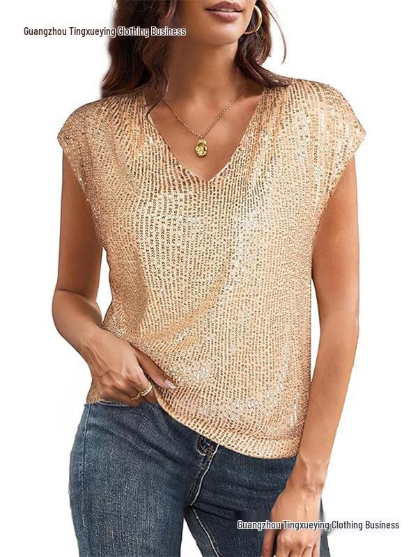 European Cross-border Women's Short Sleeve Sequin V-neck Party Shirt
