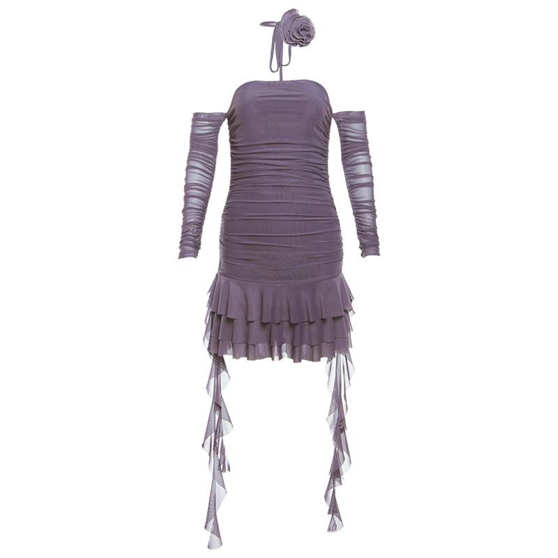 European and American style 2026 autumn and winter new solid color sexy one-word collar fashion strap hip dress S