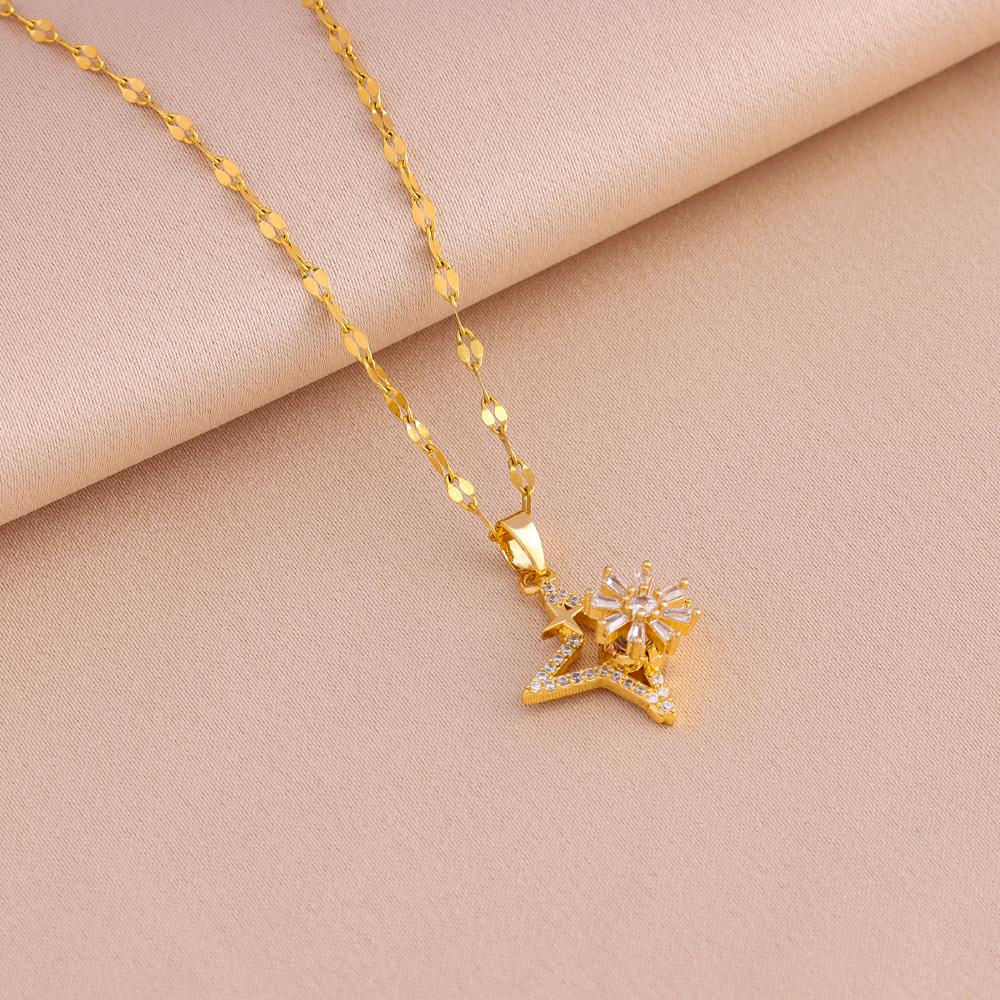 Trendy 18K Gold Plated Zircon Crystal Pendant Stainless Steel Necklace for Women Female Clavicle Chain Jewelry Lady Accessories