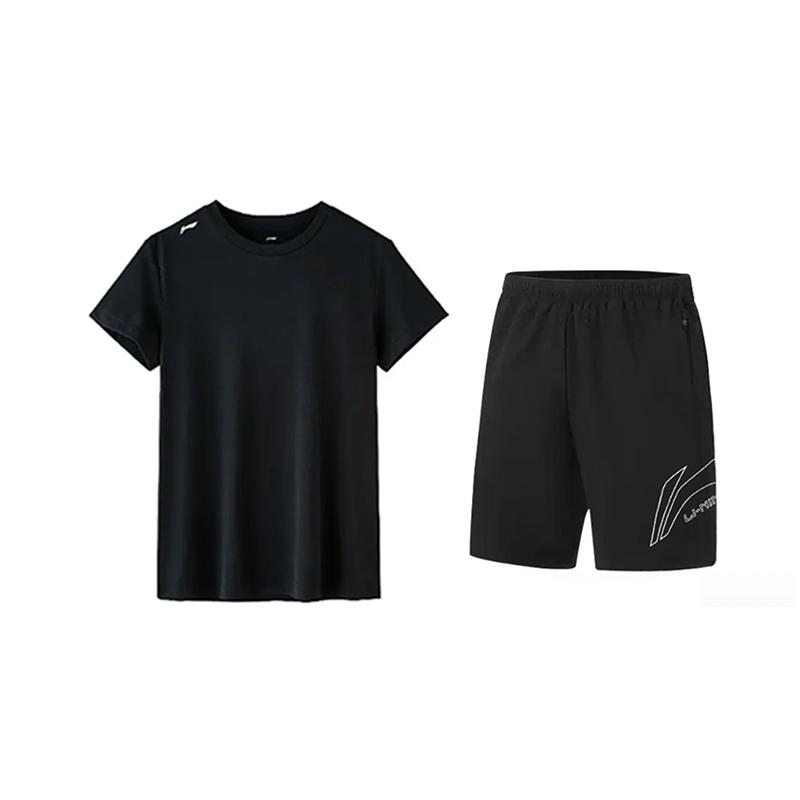 

Li-Ning Fashion Simple Solid Color Round Neck Short Sleeve Double Logo High Waist Five Point Shorts Casual Sports Suit Unisex Suit ATSV597-2+YKSV117-1 L