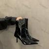 Women Sexy Pointy Patent Leather Ankle Boots Spring Autumn New Solid Color Stretch Slip On Booties Woman High Heels Skinny Boots