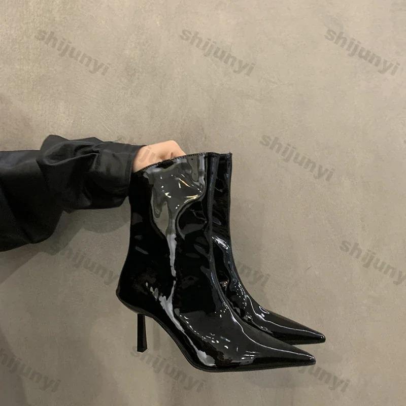 Women Sexy Pointy Patent Leather Ankle Boots Spring Autumn New Solid Color Stretch Slip On Booties Woman High Heels Skinny Boots