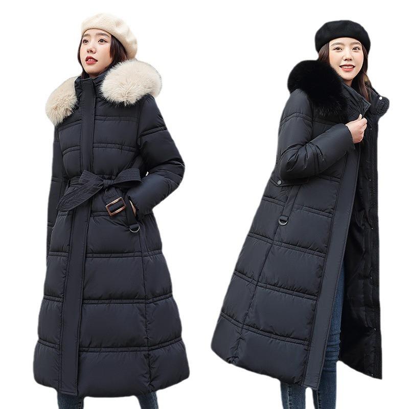 Winter New Down Cotton-padded Clothes Women's Long Over-knee Large Fur-neck Cotton-padded Clothes Thickened Loose Large-size Cotton-padded Jacket