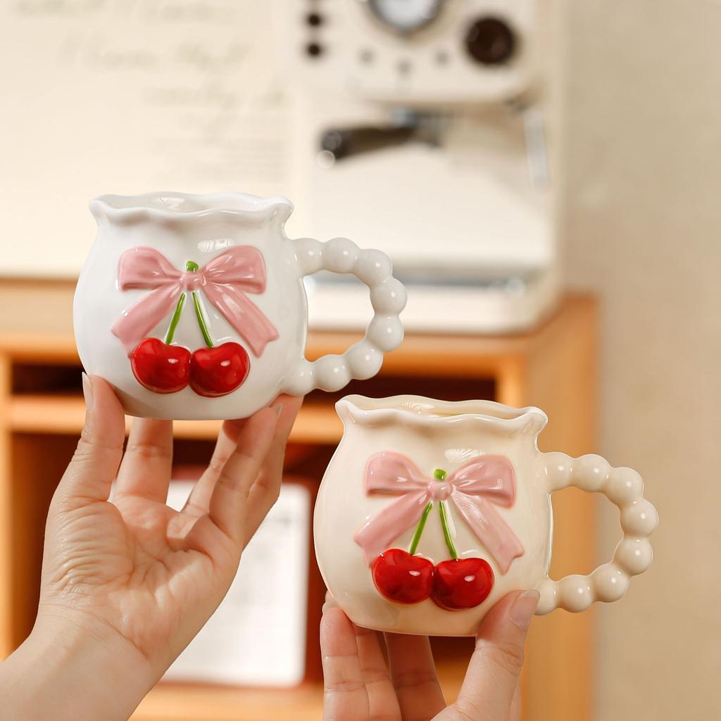 Geprägte Schleife Kirsche Keramiktasse Rosa Mädchenherz Bürotasse Unterglasur Keramiktasse Souvenir