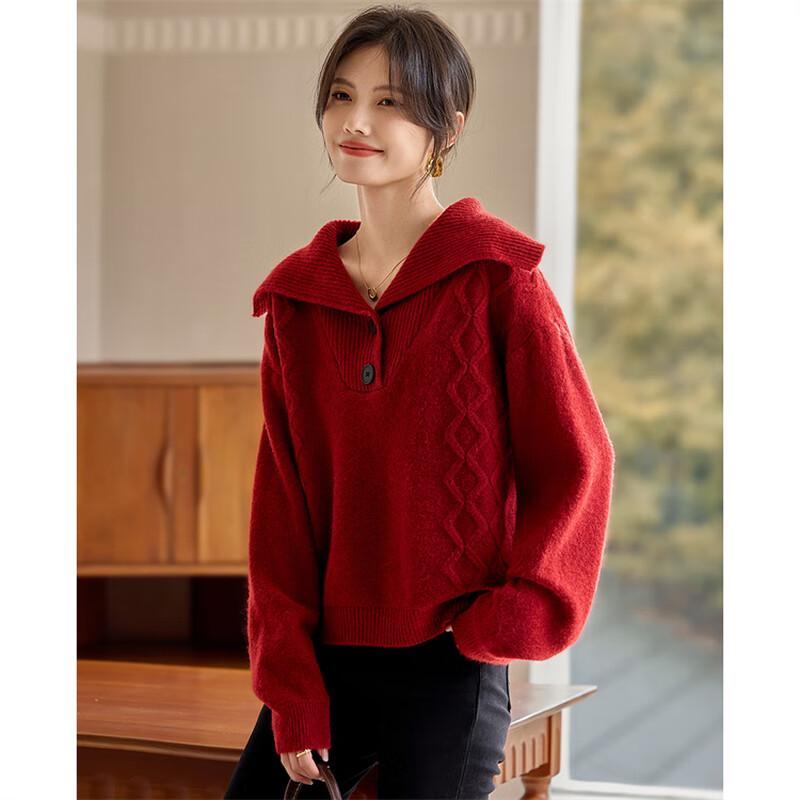 

Women s Loose Jacquard Knit Pullover with Turn-Down Collar One Size