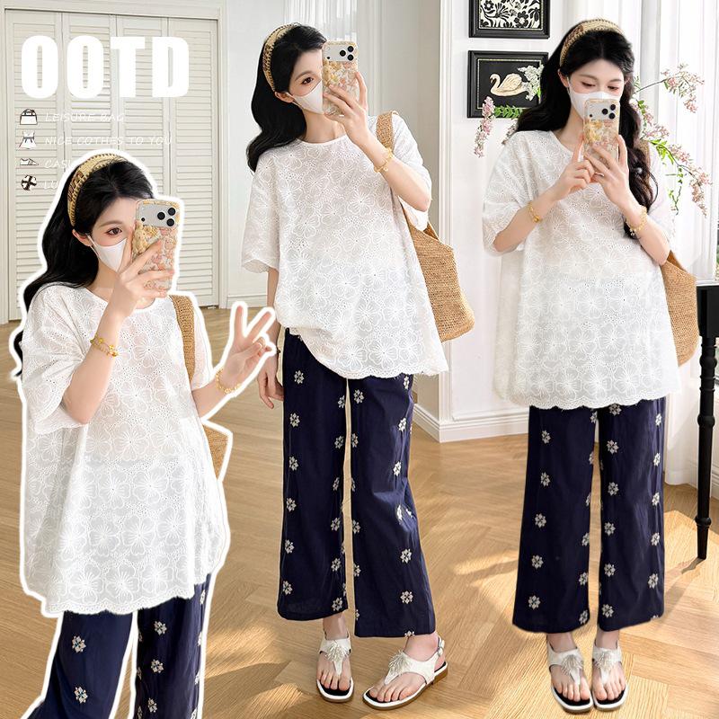 

2026 Spring/Summer Embroidered Cotton Linen T-shirt & Nine-Point Support Pants XL