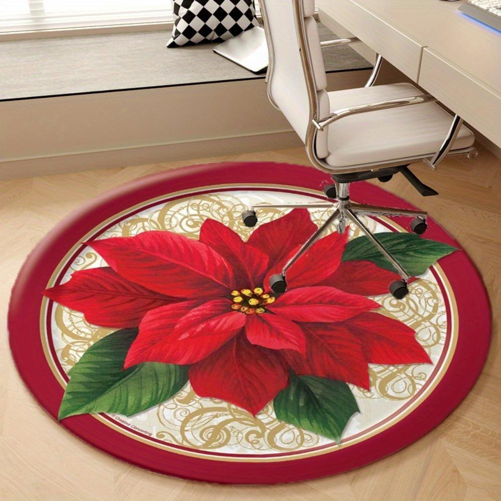 Red Poinsettia Floral Round Area Rug, Gold Accents Non-Slip Floor Mat, Decorative Carpet for Living Room Bedroom Office Chair