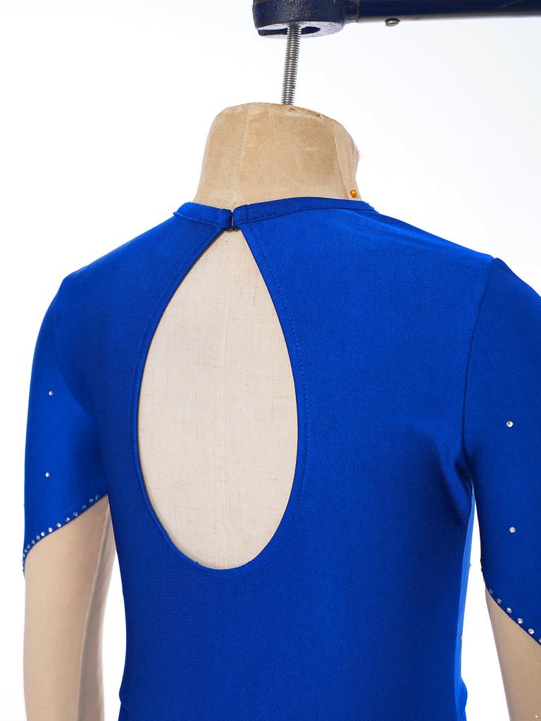 Kinder Mädchen Glänzender Gymnastik-Ganzanzug-Body mit langen Ärmeln und Schlüsselloch-Mesh-Patchwork-Schlitten-Overall am Rücken