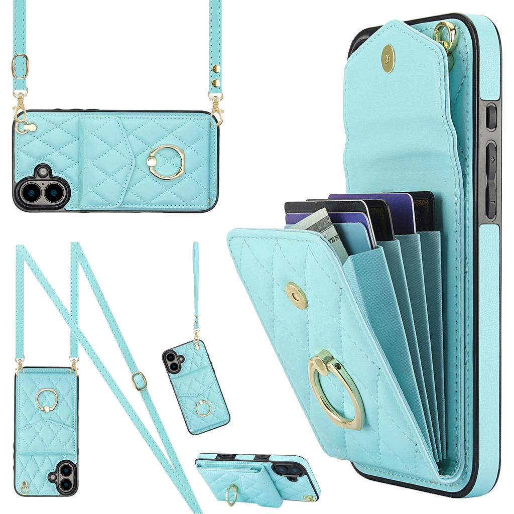 Pouzdro na iPhone 16 s kapsou na karty, kůže+TPU, crossbody kryt na telefon s kroužkem a stojánkem