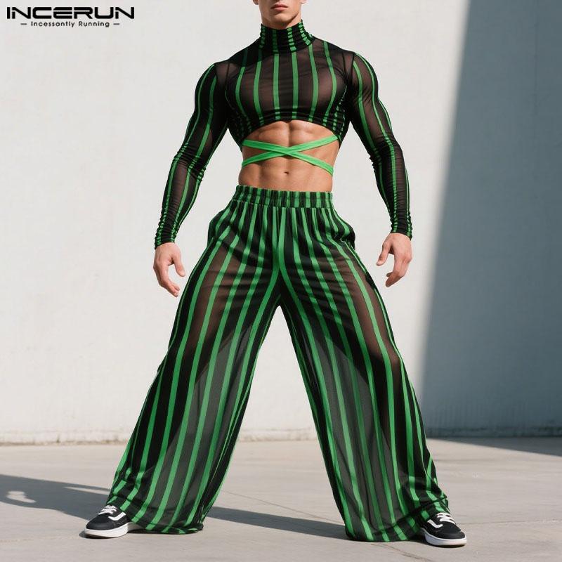 INCERUN Two-piece Men Long Sleeve Striped Mesh Sheer Crop Tops Elastic Waist Pants Sets
