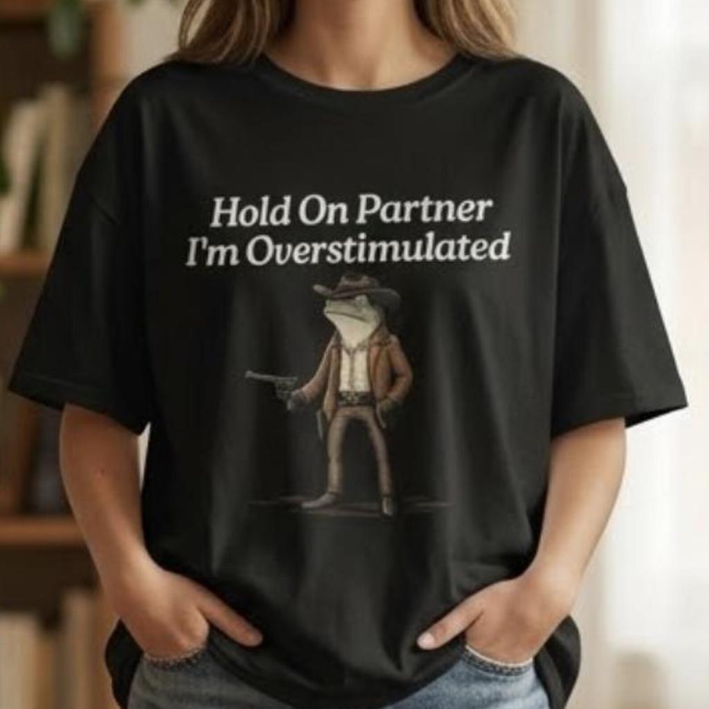 Funny Cowboy Frog Shirt, Hold On Partner Tee, Overstimulated Retro Graphic T-Shirt, Cute Introvert Gift, Gildan 5000 Oversized Aesthetic Top