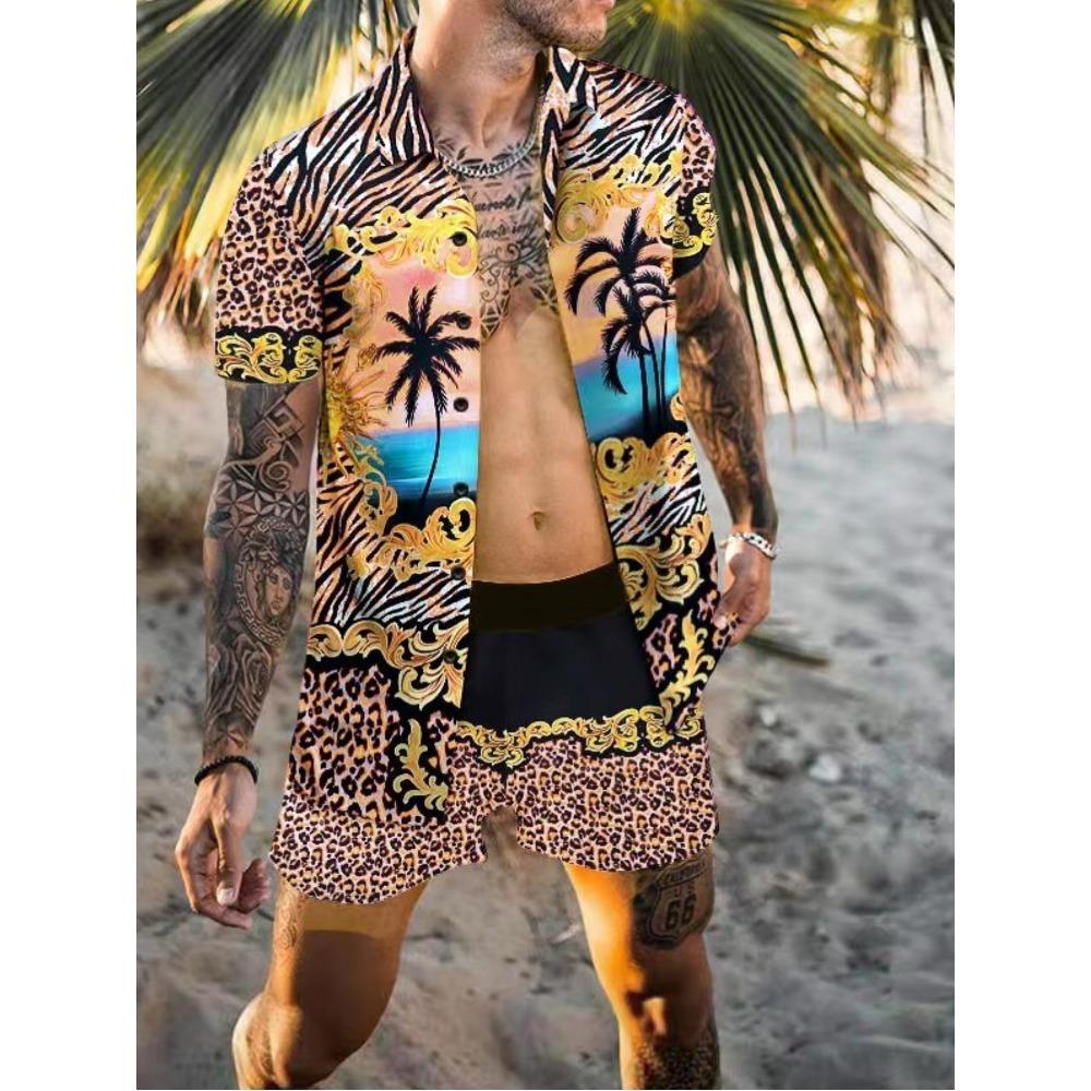 New Beach Set: Men’s Short-Sleeved Shirt and Shorts – Casual Printed Beach and Holiday Set