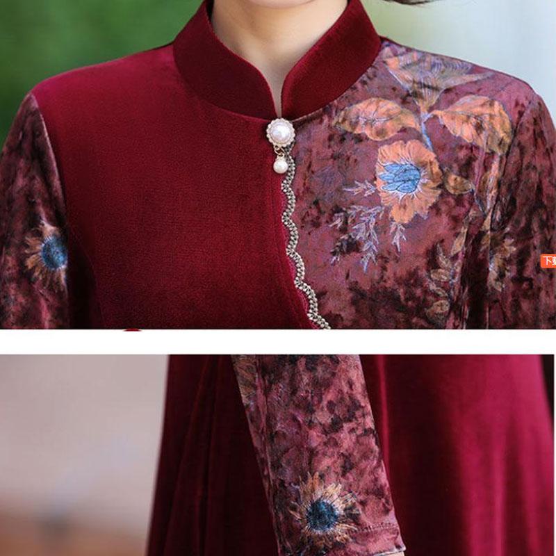 Women's Loose Plus Size Velvet Dress Color-Block Printed Velvet Long A-Line Dress