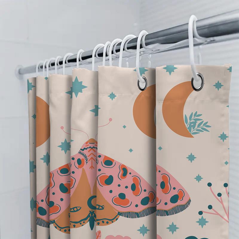 Modern Bathroom Decor: Pink Butterfly Shower Curtain Set With Moon And Stars Print Blue Flowers And Leaves Design For Bathroom W
