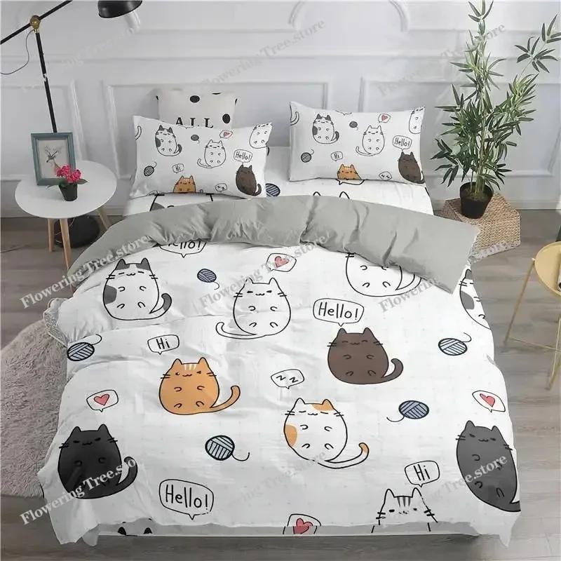 Cartoon-Bettwäscheset mit niedlichen Katzen, bedruckt, 3D-Bettbezug-Set, Twin Full Queen King Double Size, Kissenbezug, Bettwäsche aus weichem Polyester