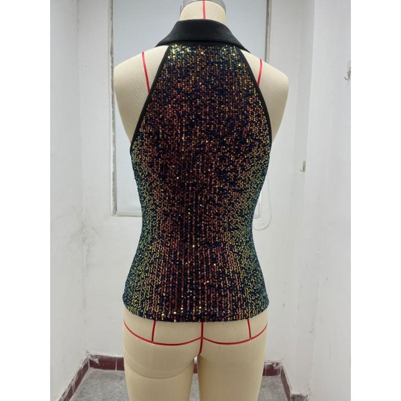 Jaro/léto Dámský sexy top bez rukávů s V-výstřihem, knoflíky a flitry