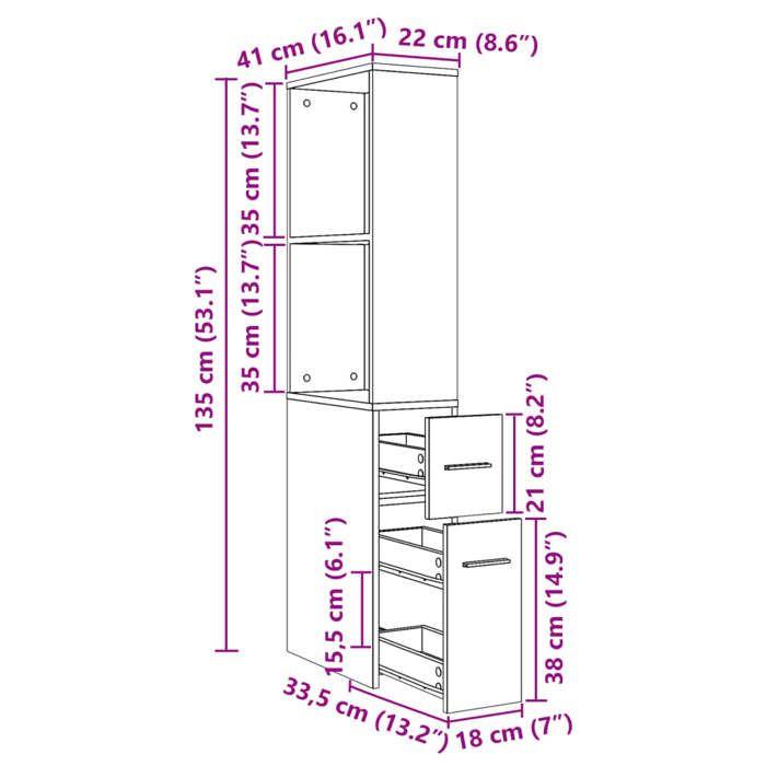 VidaXL Armoire de salle de bain étroite avec roulettes sonoma gris, armoire de salle de bain haute, rangement de salle de 855300