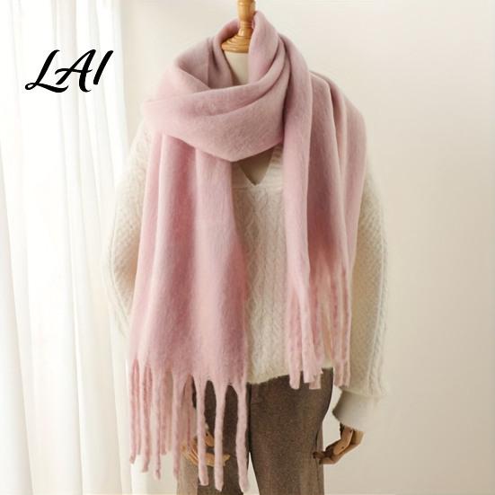 Oversized Cozy Winter Scarf Thickened Imitation Rabbit Velvet with Tassels for Women Solid Color Stylish Long Draped Neck Wrap Warm Shawl,