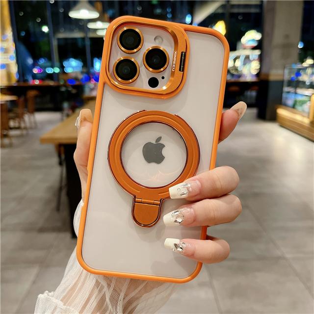 For iPhone 16 Pro Max Luxury Transparent Magsafe Magnetic Holder Frame Phone Case For iPhone 11 12 13 14 15Plus Lens Stand Cover
