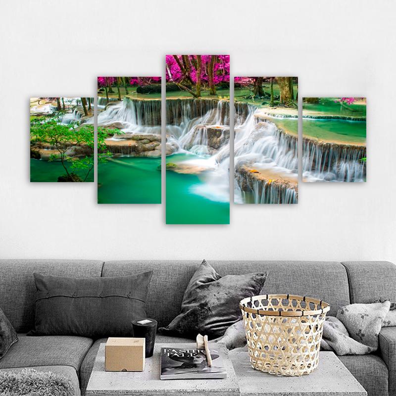 5 Panels Landscape Waterfall Posters and Prints Canvas Painting Wall Art Pictures Living Room Home Decor Lake Tree No Frame