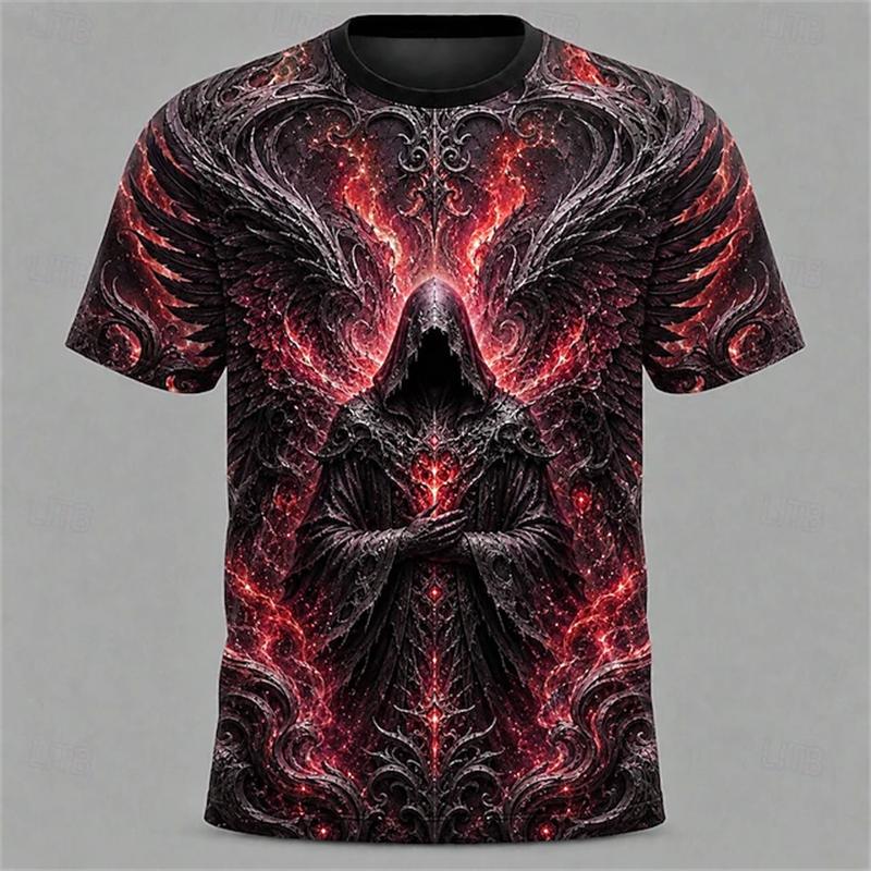 New Men's Halloween Crew-Neck Short-Sleeve T-Shirt Grim Reaper Scythe and Skeleton Print Crew-Neck Short-Sleeve Men's Top