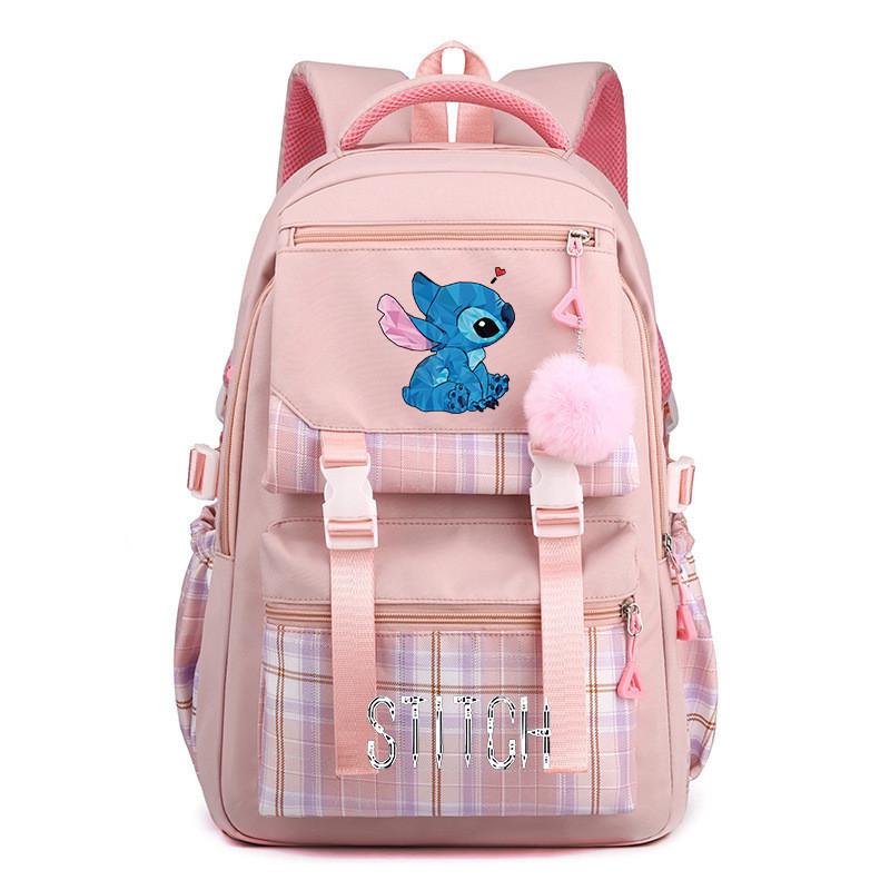 Cute Girl Backpack For School With Stitch Print And Checkered Patchwork Design For Middle School Students
