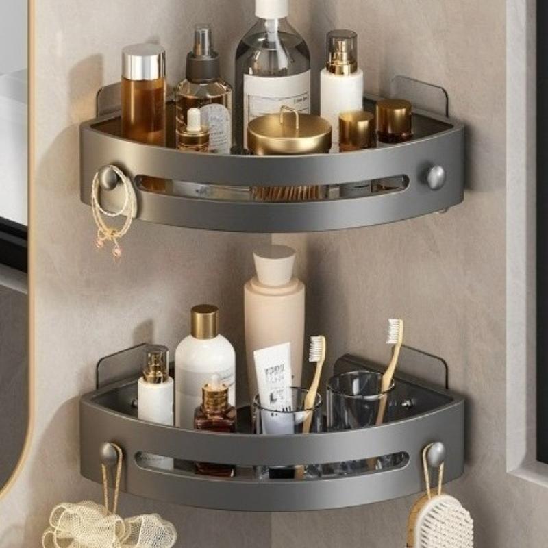 

2 шт. Современная треугольная полка настенного монтажа без перфорации | ABS-органайзер без сверления для ванной/кухни, компактный дизайн светло-серый