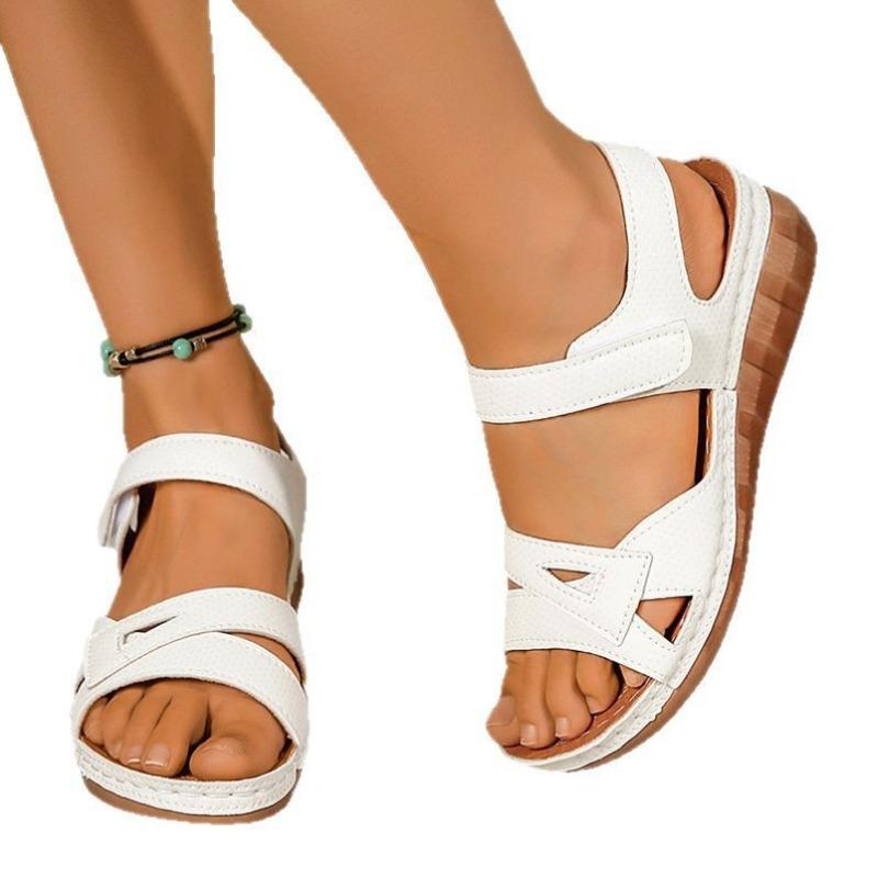Velcro Shoes One-line Thick-soled Shoes Sandals Women's Hollowed-out Patterned Wedge Heels Beach Flip-flops