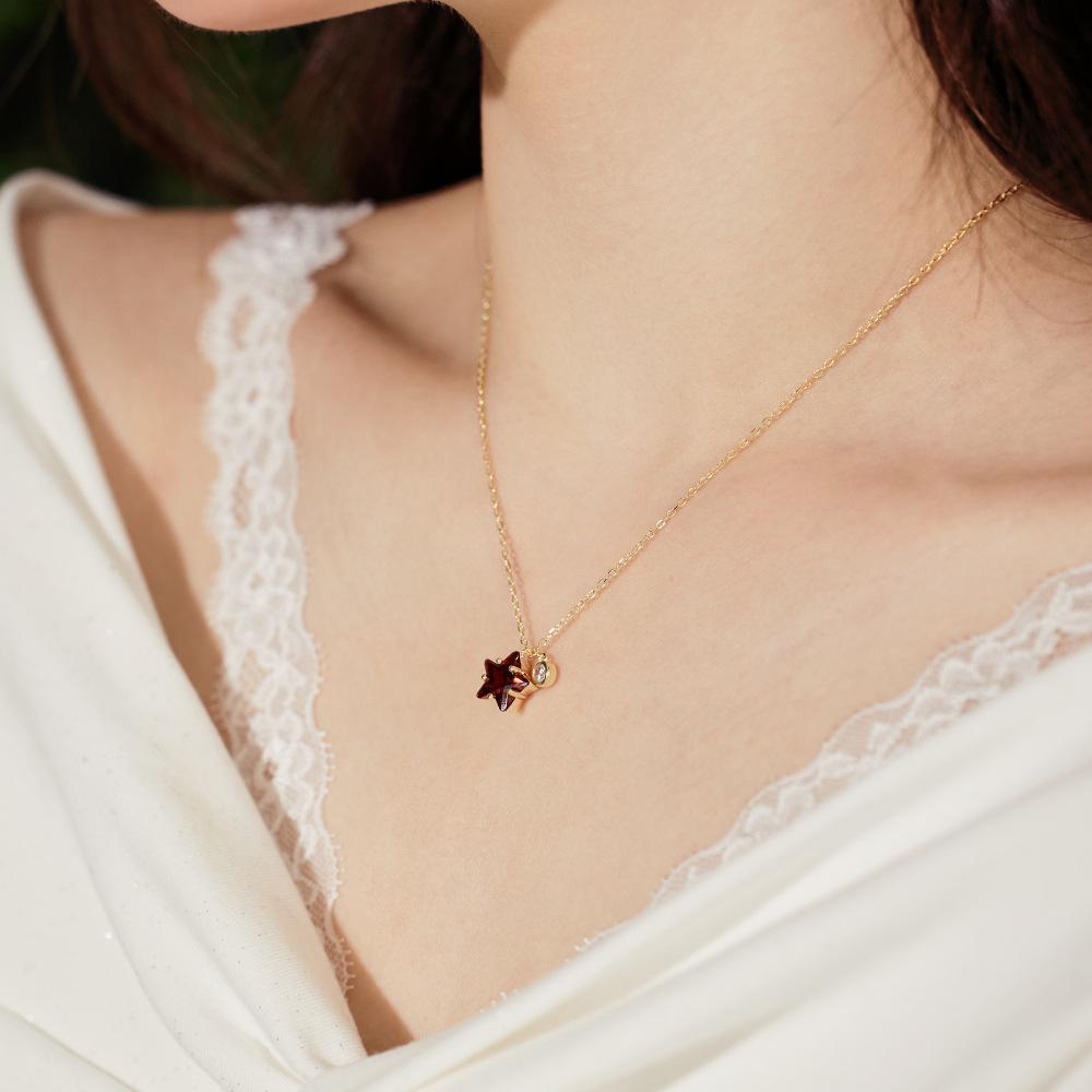 Czerwony Cyrkon Gwiazda Koreański Srebro Próby S925 Naszyjnik - Luksusowy Świąteczny Łańcuszek na Obojczyk dla Kobiet