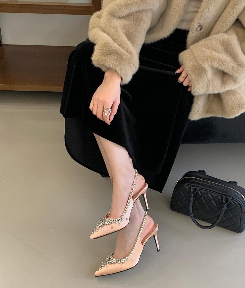 

High-end quality 2025 summer new silk pointed rhinestone temperament high heels stiletto French sexy shallow mouth single shoes 39 абрикосовый