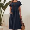 Women's Long Skirt New Solid Color Round Neck Pocket Short Sleeved Cotton Linen Dress
