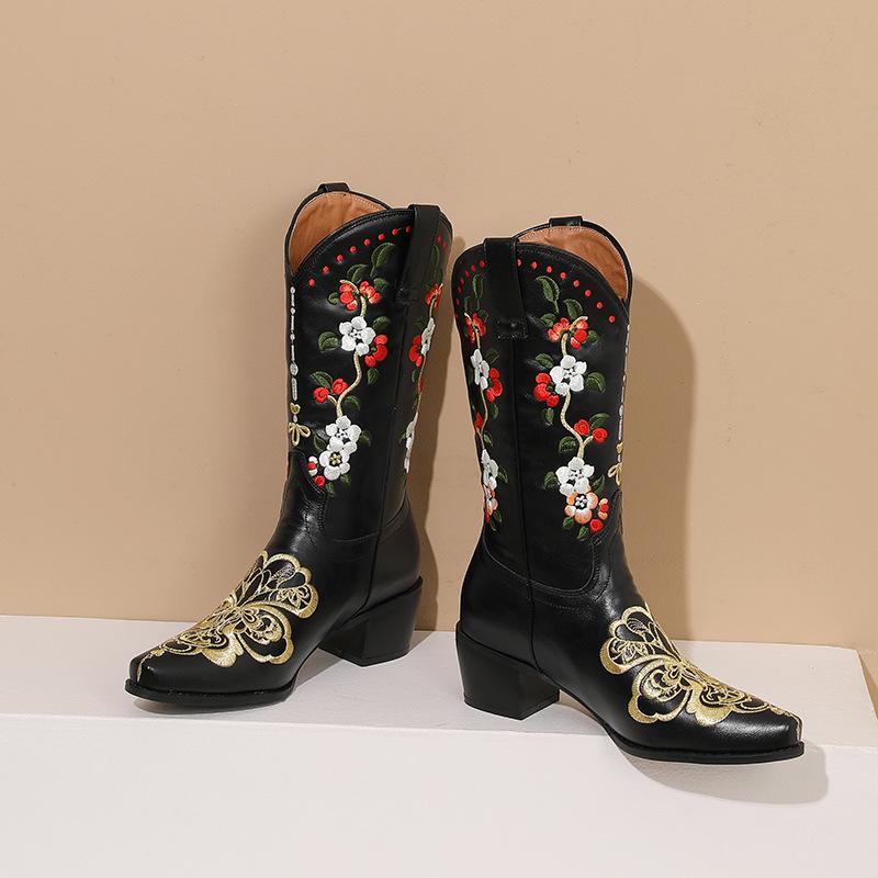 Fashion IPPEUM Cowboy Boots For Women Red Embroidered Size 43 Cowgirl Outfit Shoes Calf High Boots