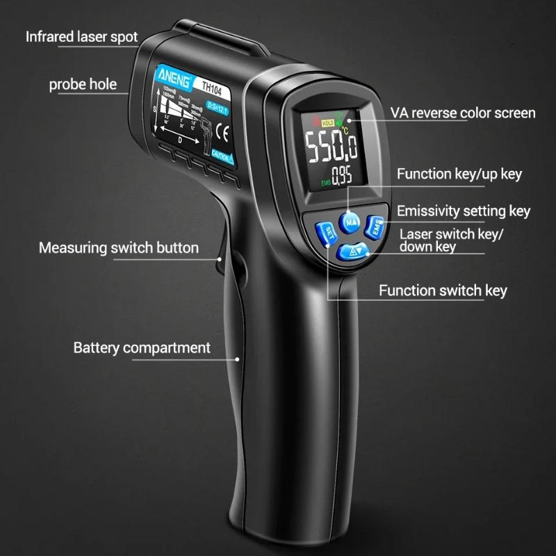 New High Precision ANENG TH104 Infrared Thermometer -50℃~550℃ Ratio VA Reverse Screen High Low Temp Alarm Laser Data Hold Temperature Measuring Gun