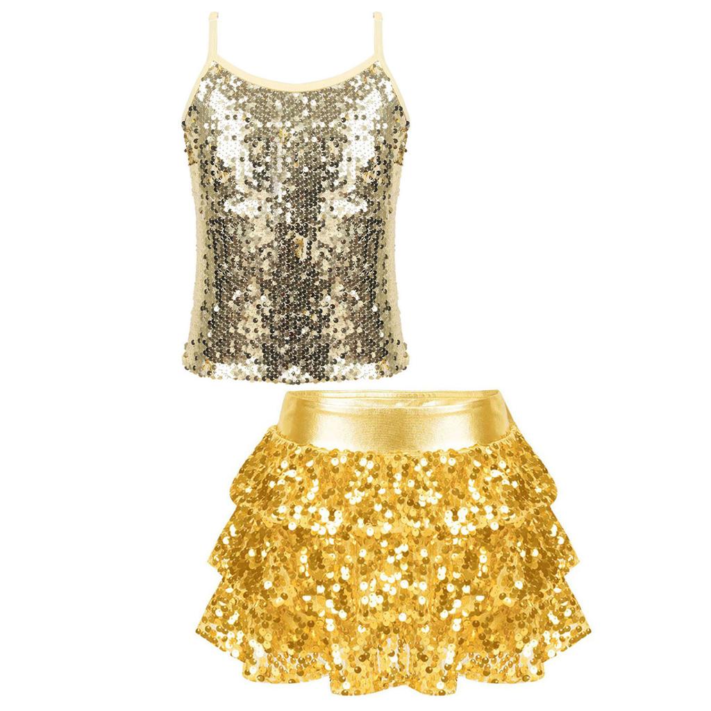 Kids Girls Two-Piece Dance Outfit Sparkly Sequined Camisole Tops with Tiered Ruffle Skirted Shorts Culottes