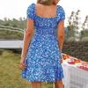 Women's Short Sleeve Summer Dress Square Neck Boho Floral Smocked Swing Dress A-Line Flowy Ruffle Beach Sundress
